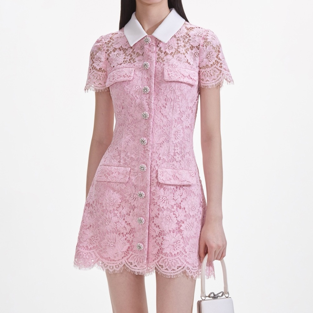 Self Portrait Elegant Pink Lace Dress with White Collar